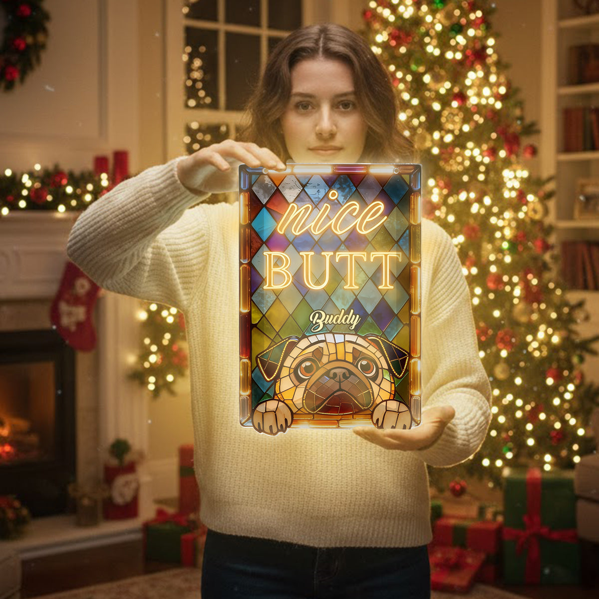 Neugieriges Haustier, schöner Po - Personalisiertes LED-Licht-Acrylschild für Hunde