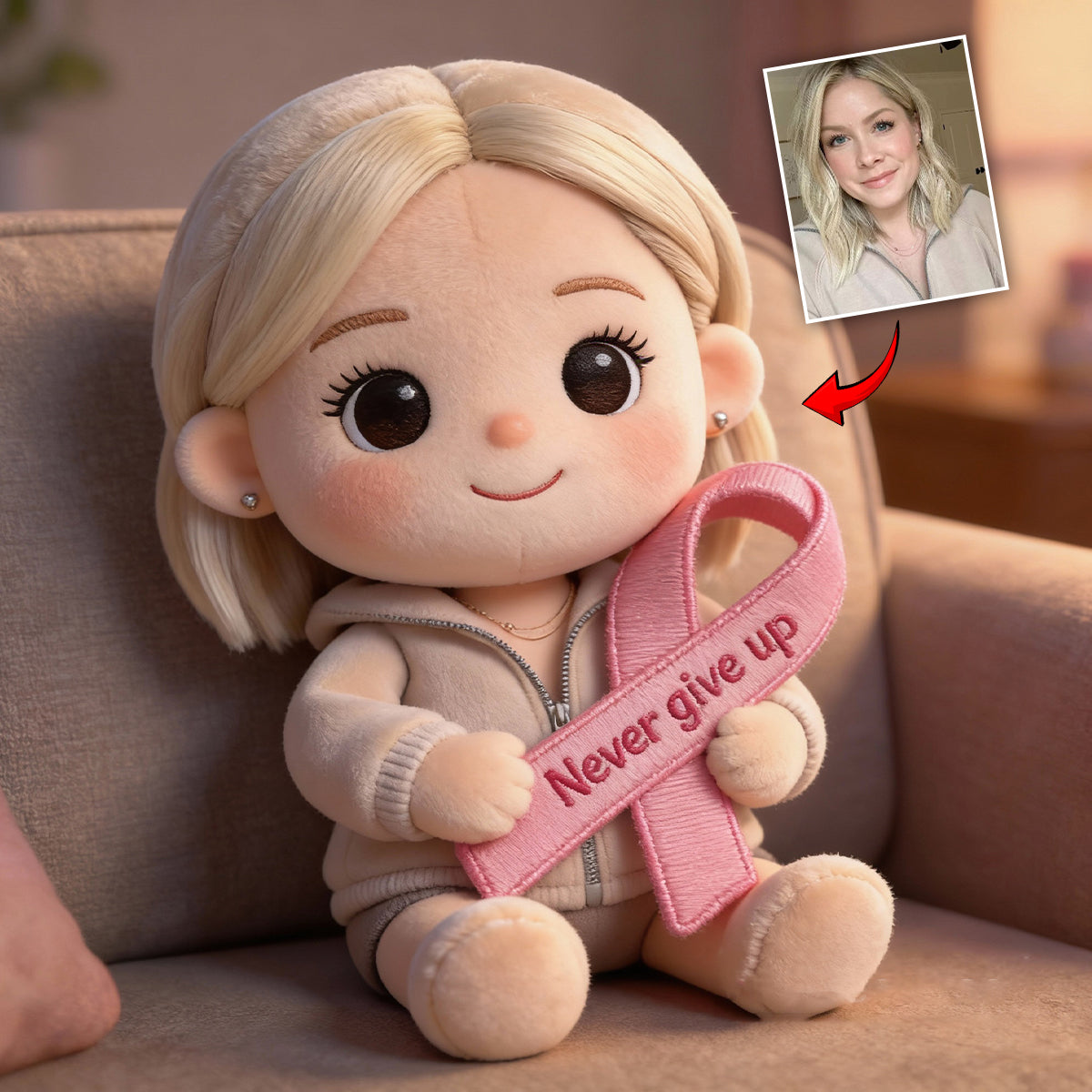 Brustkrebsvorsorge – Personalisiertes Kissen in Form eines Brustkrebs-Aufklärungskissens aus Kunstfell