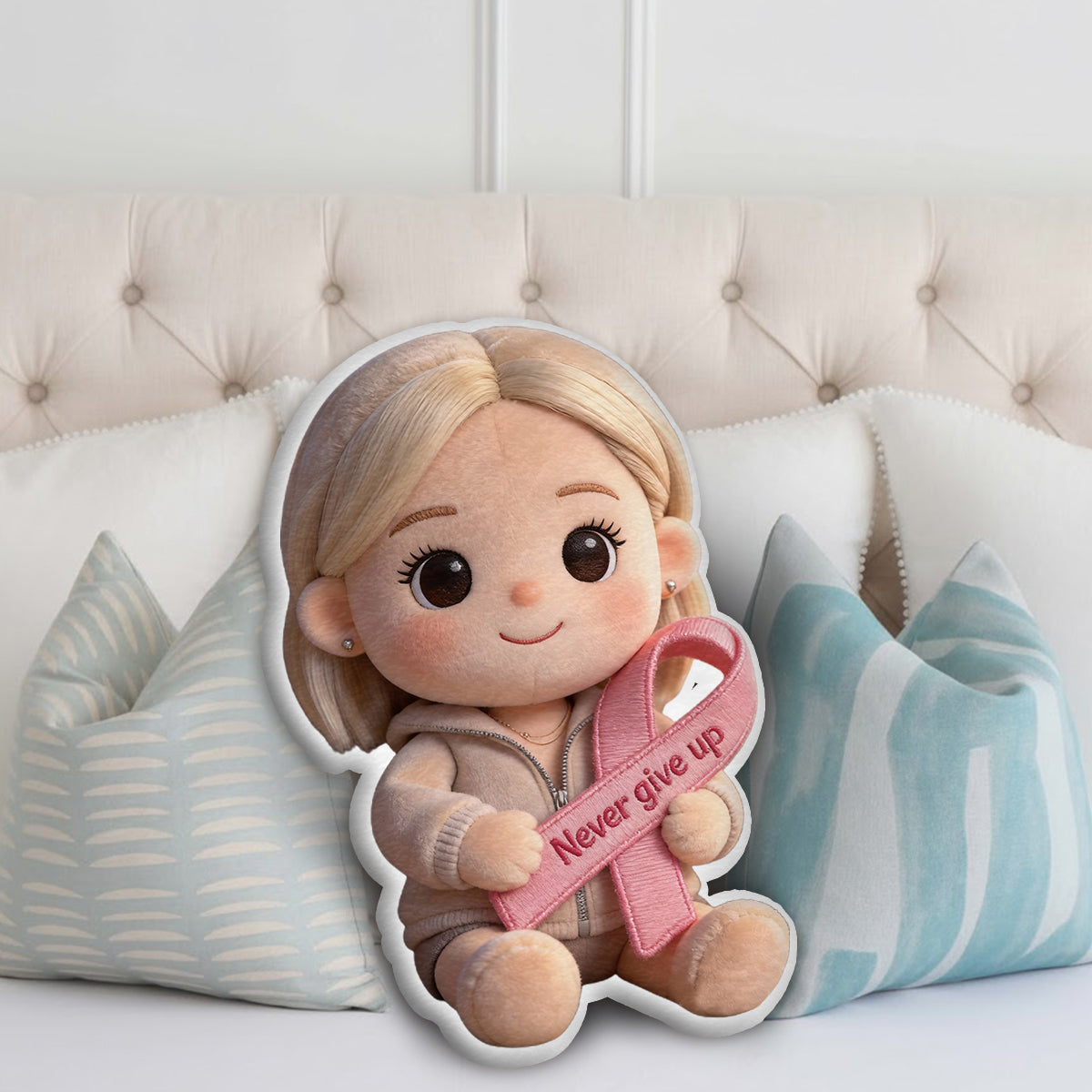 Brustkrebsvorsorge – Personalisiertes Kissen in Form eines Brustkrebs-Aufklärungskissens aus Kunstfell