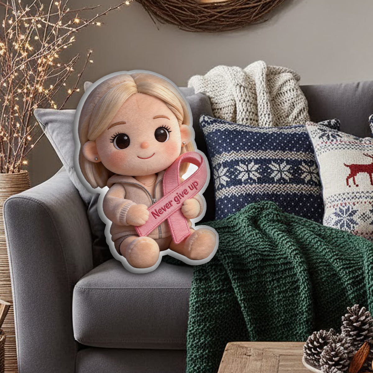 Brustkrebsvorsorge – Personalisiertes Kissen in Form eines Brustkrebs-Aufklärungskissens aus Kunstfell