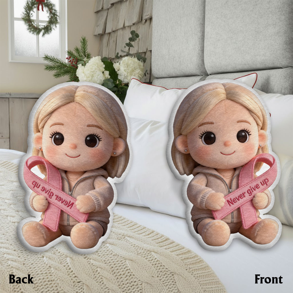 Brustkrebsvorsorge – Personalisiertes Kissen in Form eines Brustkrebs-Aufklärungskissens aus Kunstfell