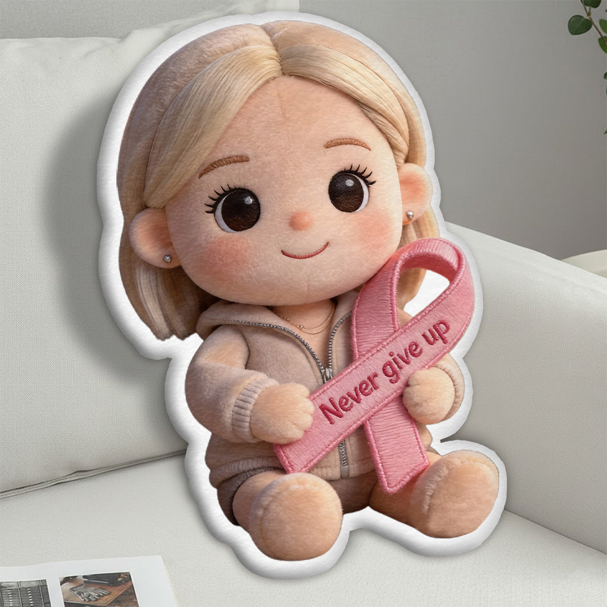 Brustkrebsvorsorge – Personalisiertes Kissen in Form eines Brustkrebs-Aufklärungskissens aus Kunstfell