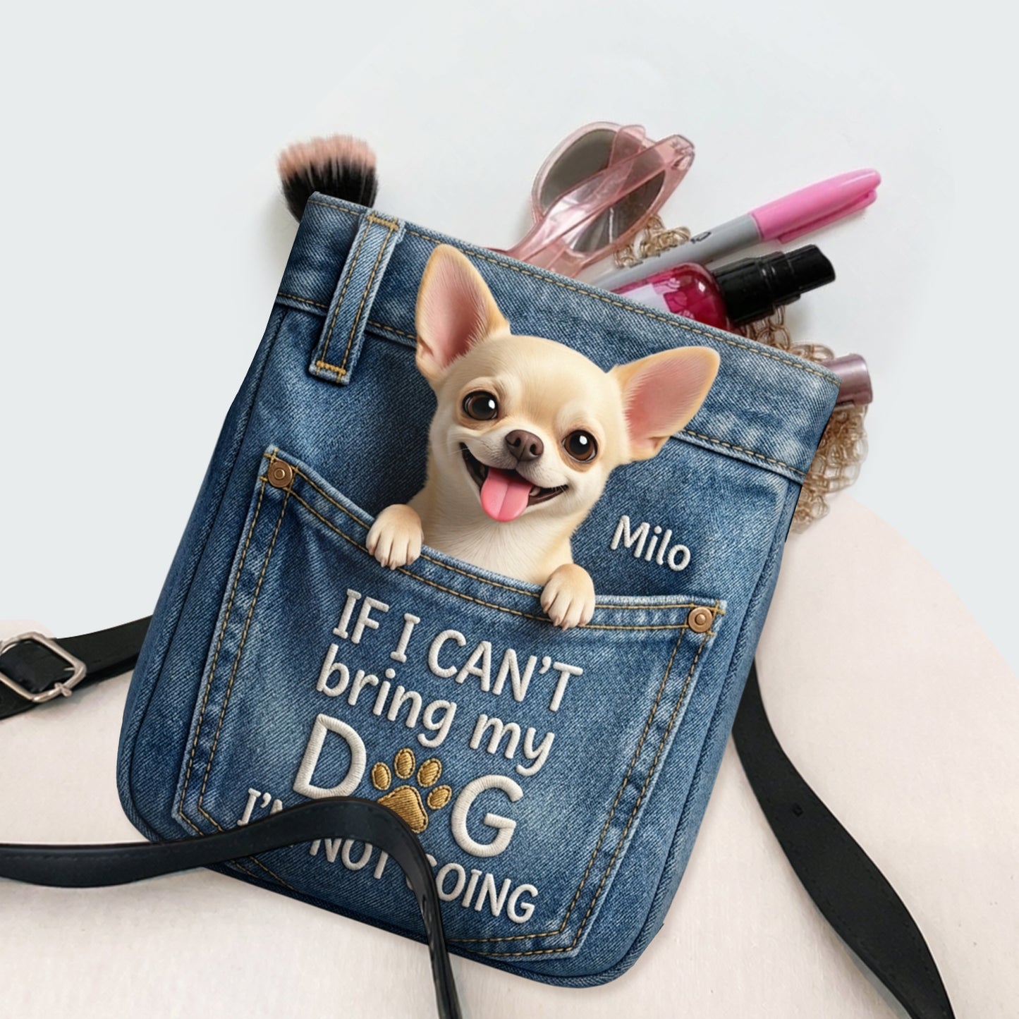 Pet In Jean Pocket - Personalized Dog Plush Crossbag