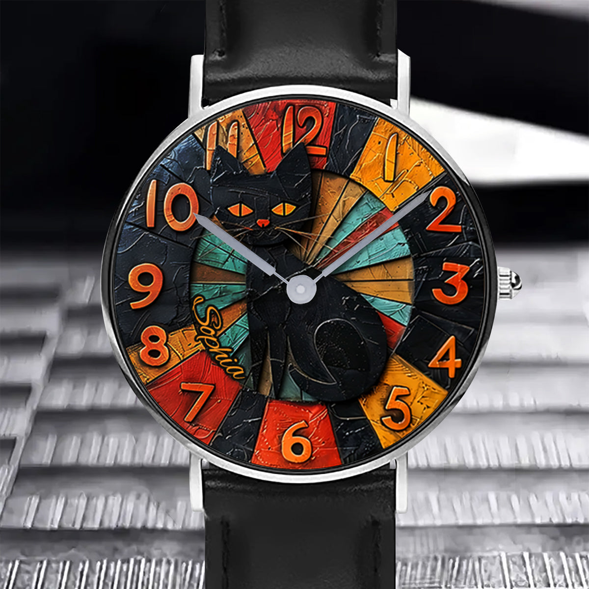 Schwarze Katze – Personalisierte Armbanduhr mit schwarzer Katze