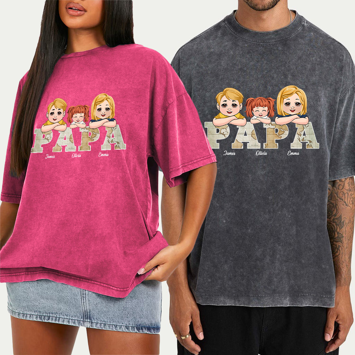 Vintage Map Papa Title - Personalized Father Wash T-shirt