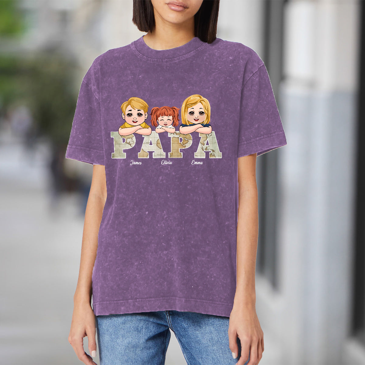 Vintage Map Papa Title - Personalized Father Wash T-shirt