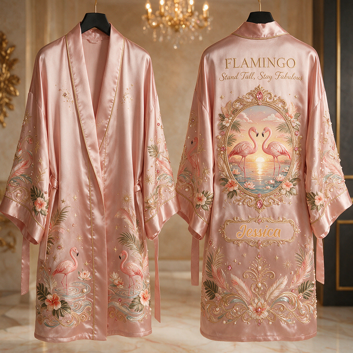 Stand Tall, Stay Fabulous - Personalized Flamingo Satin Robe