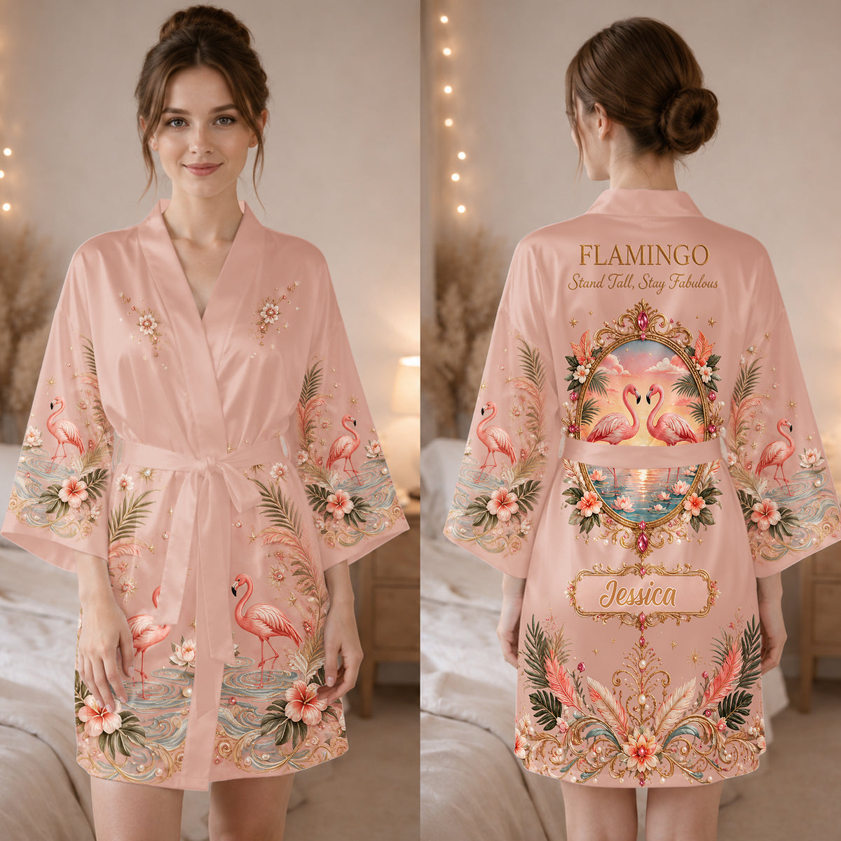 Stand Tall, Stay Fabulous - Personalized Flamingo Satin Robe