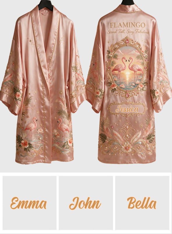 Stand Tall, Stay Fabulous - Personalized Flamingo Satin Robe