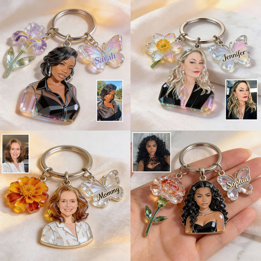 Custom Any Photo Birthmonth Flower - Personalized Self Love Keychain With Charms