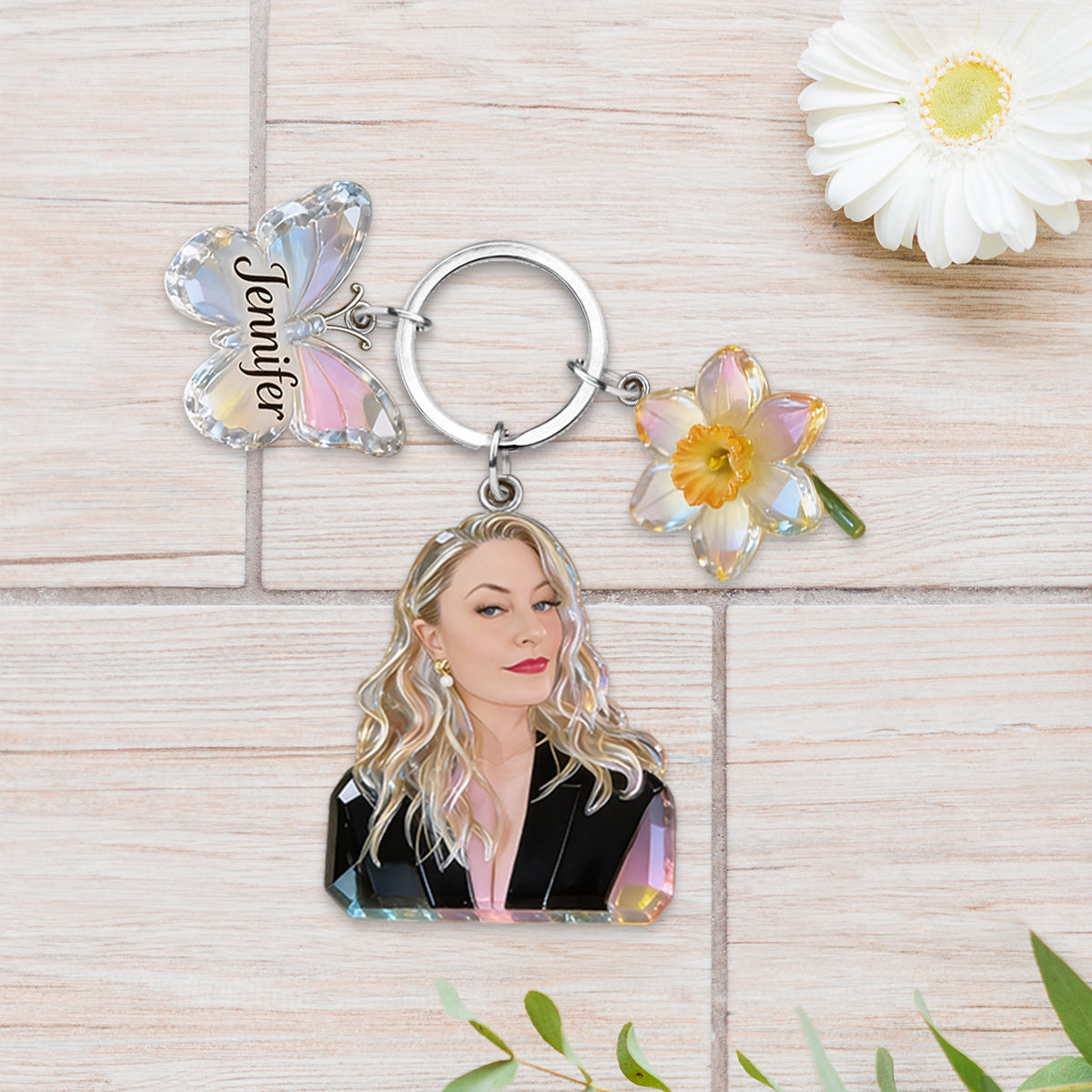 Personalisierter Schlüsselanhänger mit Anhängern und Geburtsblume nach Wahl – inklusive Foto