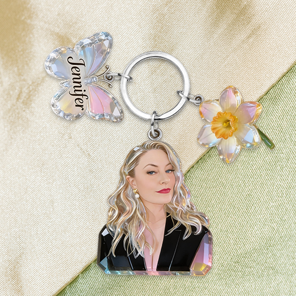 Personalisierter Schlüsselanhänger mit Anhängern und Geburtsblume nach Wahl – inklusive Foto