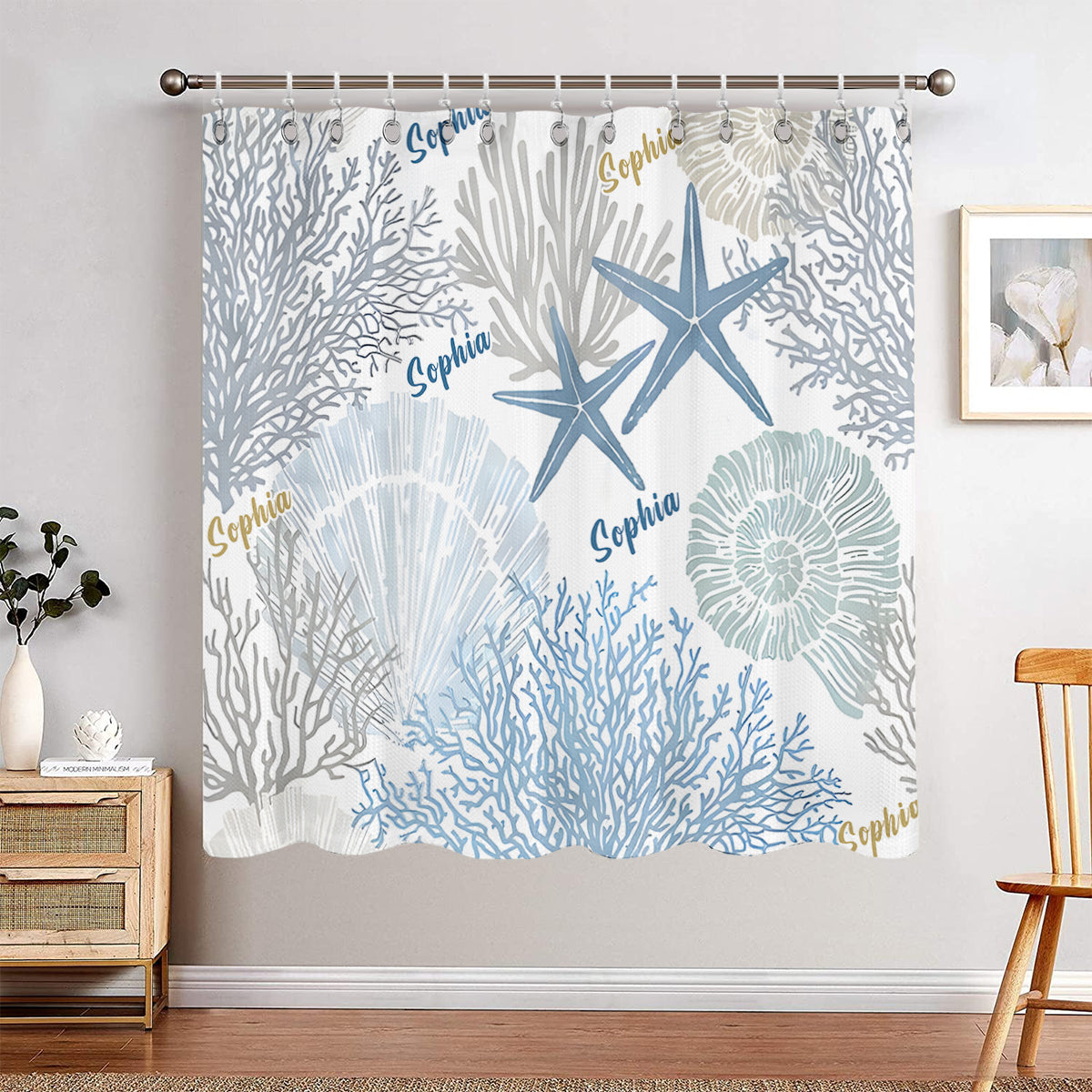 Korallen, Muscheln, Seesterne – Personalisierter Verdunkelungsvorhang/Gardinen-Set für Meeresliebhaber