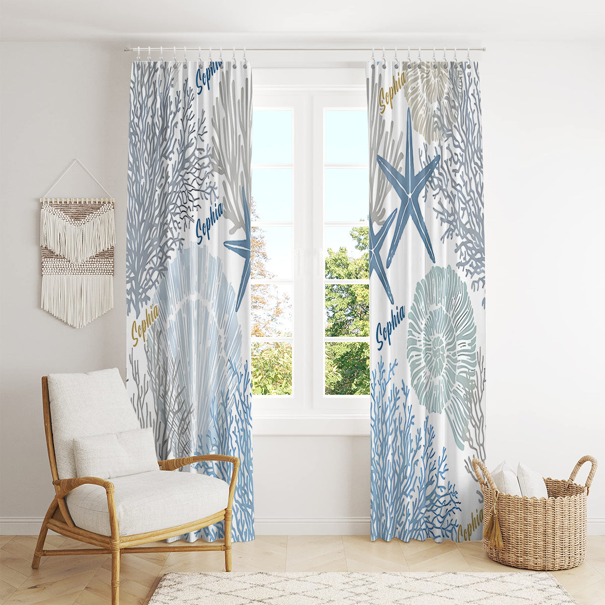 Korallen, Muscheln, Seesterne – Personalisierter Verdunkelungsvorhang/Gardinen-Set für Meeresliebhaber