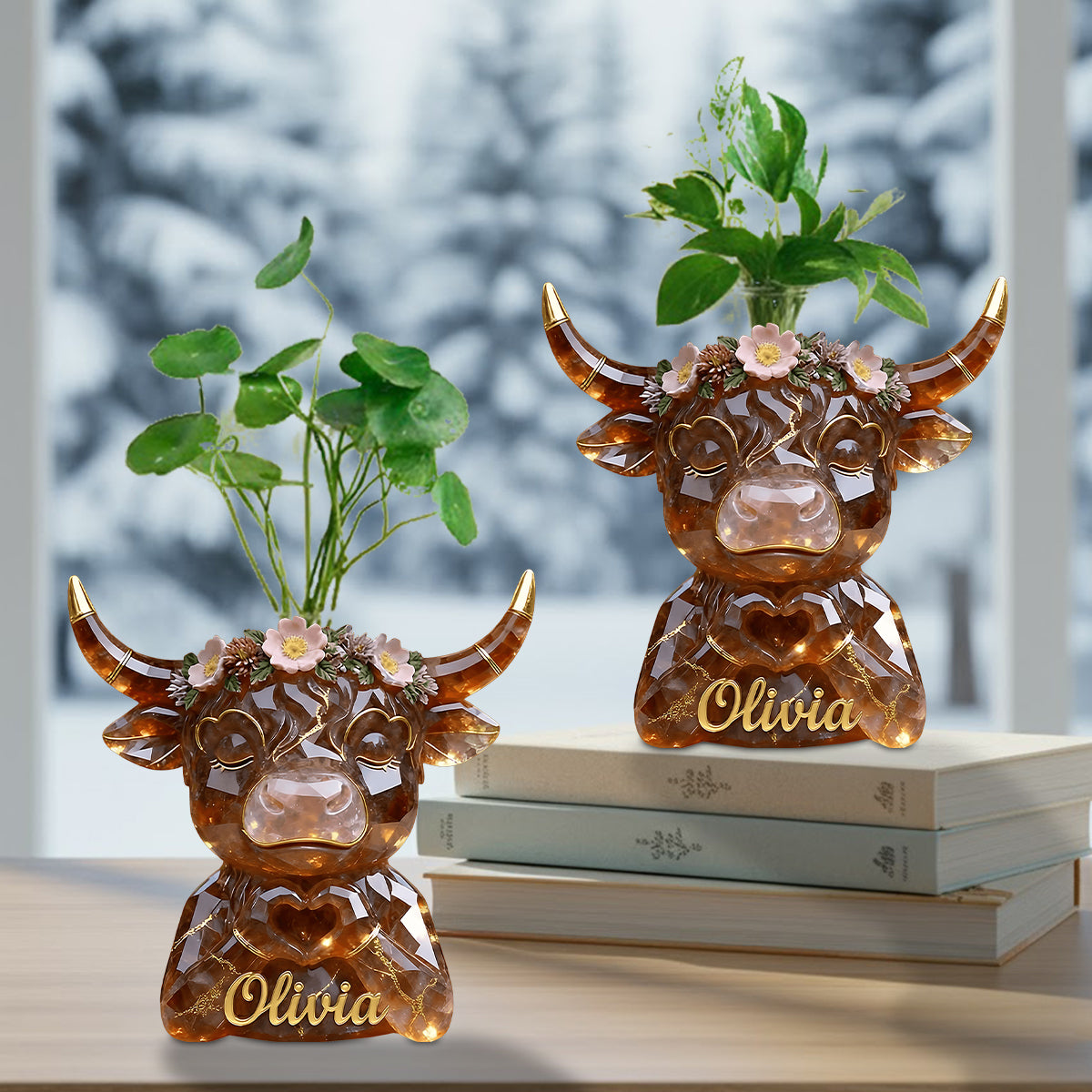 Herzförmige Hochlandkuh – Personalisierte Acryl-Blumenvase in Hochlandkuhform
