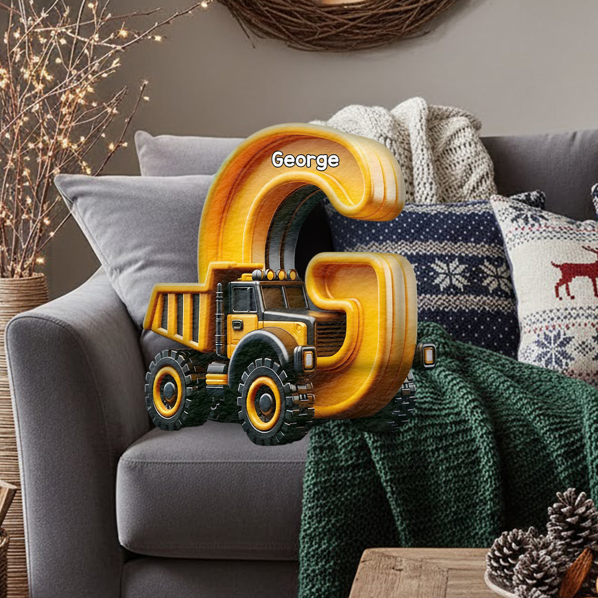 Cool Construction – Personalisiertes Kissen in Kinderform aus Kunstfell