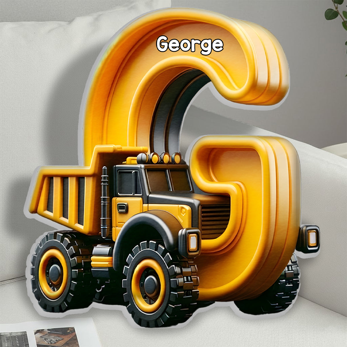 Cool Construction – Personalisiertes Kissen in Kinderform aus Kunstfell