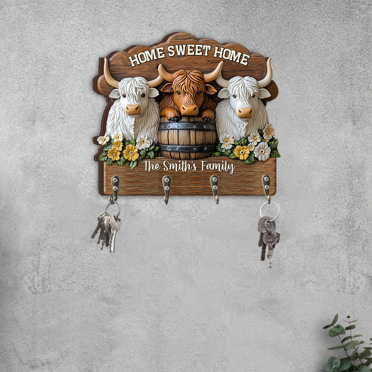 Home Sweet Home - Personalized Highland Cow Custom Shaped Key Rack