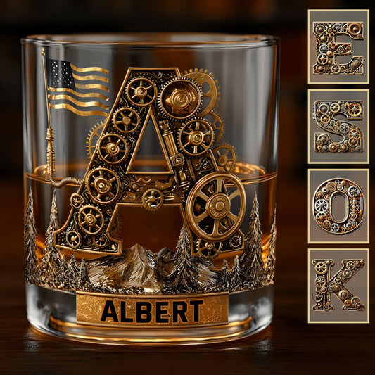 Geschenkidee im Steampunk-Stil für Ihn – personalisiertes Whiskyglas im Mechaniker-Design