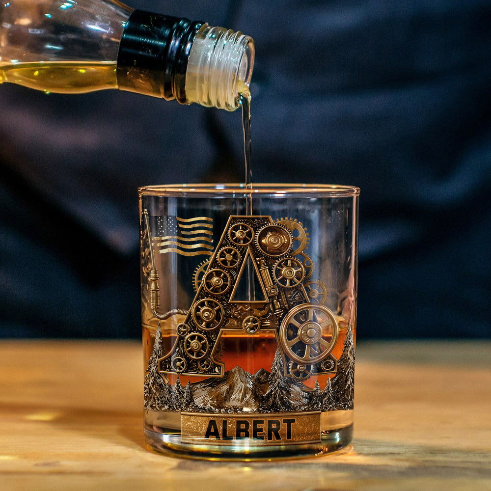 Geschenkidee im Steampunk-Stil für Ihn – personalisiertes Whiskyglas im Mechaniker-Design