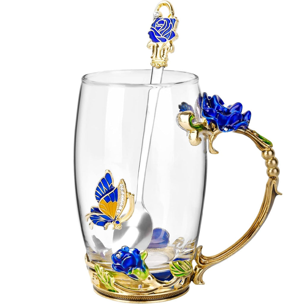 Kaffeebecher aus Glas mit Schmetterlingsmotiv und Blumenmuster