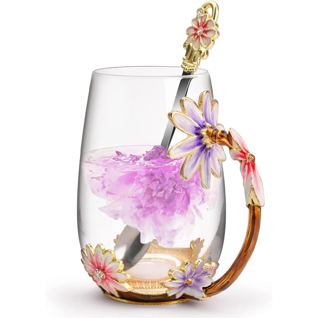 Kaffeebecher aus Glas mit Schmetterlingsmotiv und Blumenmuster