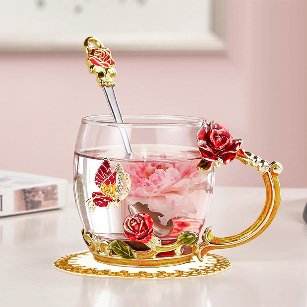 Kaffeebecher aus Glas mit Schmetterlingsmotiv und Blumenmuster
