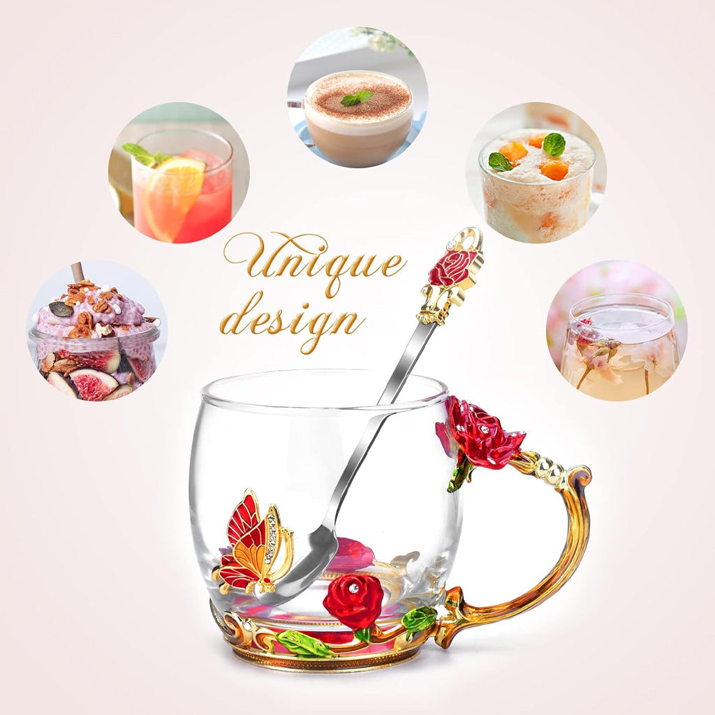 Kaffeebecher aus Glas mit Schmetterlingsmotiv und Blumenmuster