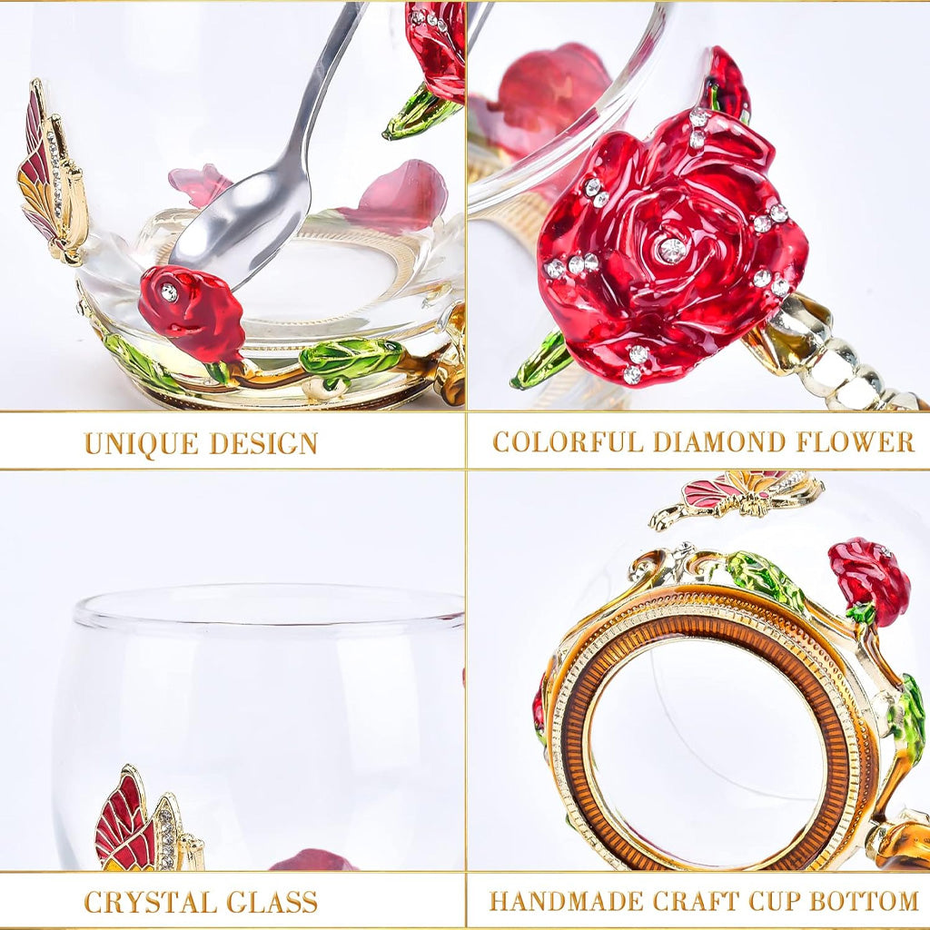Kaffeebecher aus Glas mit Schmetterlingsmotiv und Blumenmuster