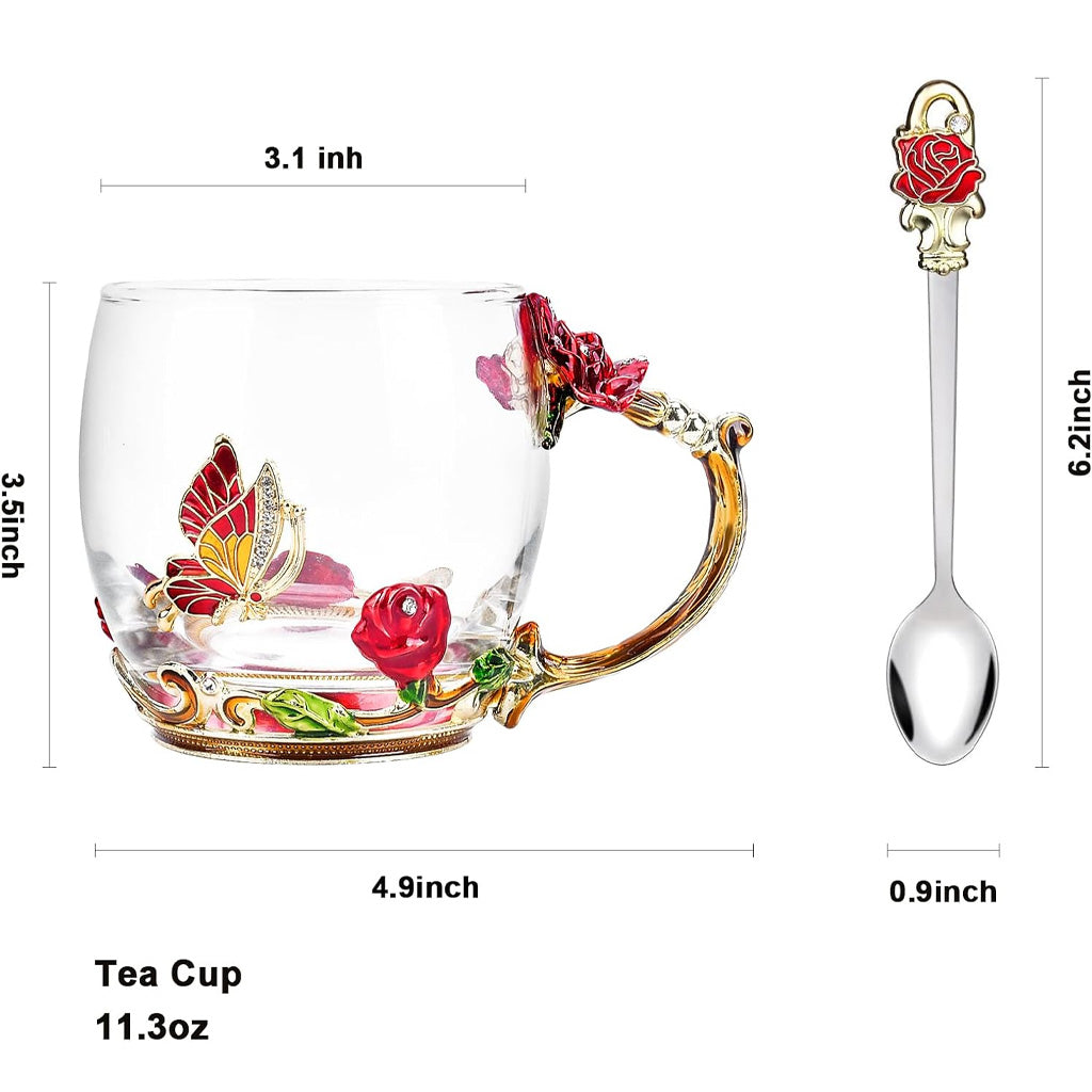 Kaffeebecher aus Glas mit Schmetterlingsmotiv und Blumenmuster