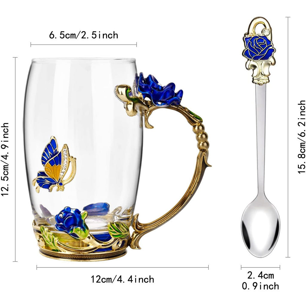 Kaffeebecher aus Glas mit Schmetterlingsmotiv und Blumenmuster