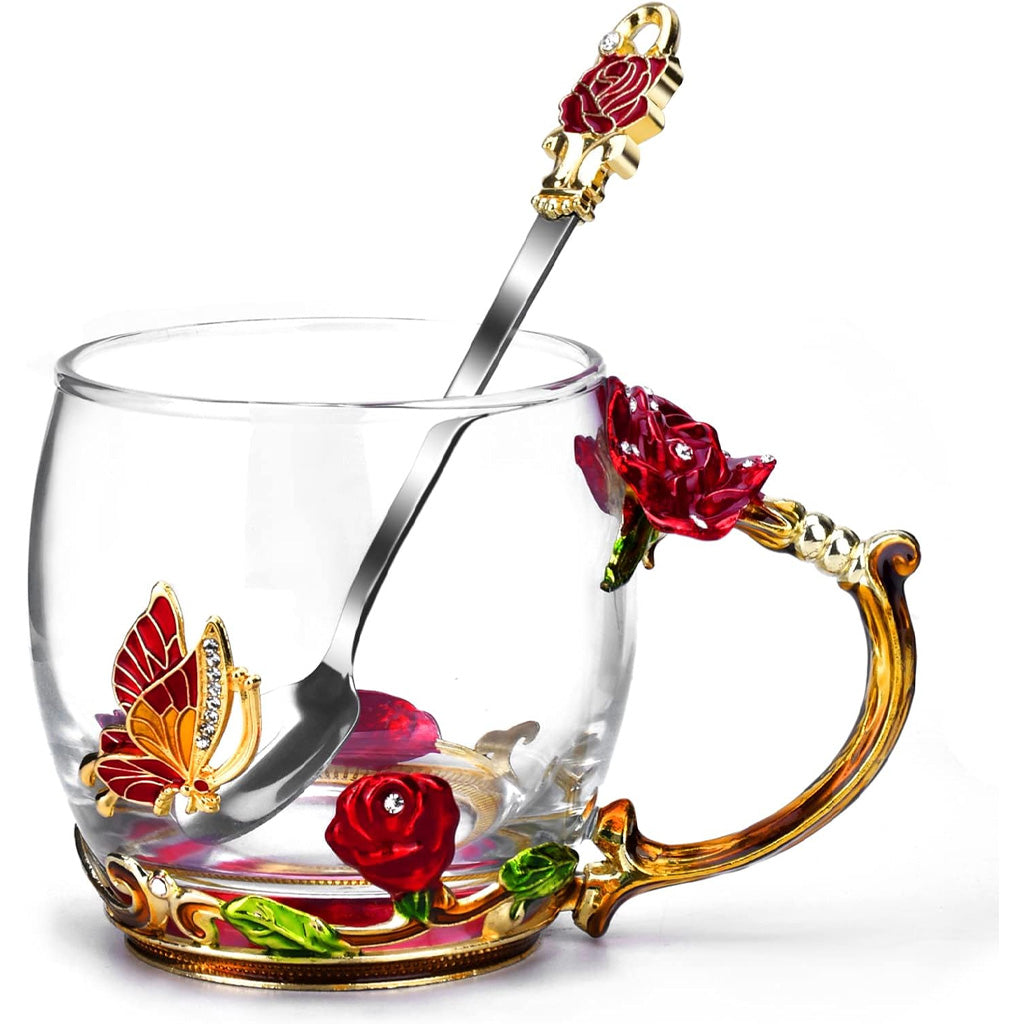 Kaffeebecher aus Glas mit Schmetterlingsmotiv und Blumenmuster