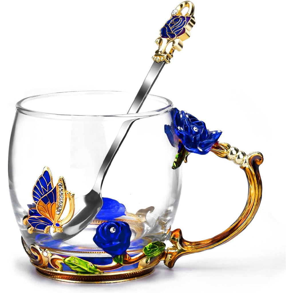 Kaffeebecher aus Glas mit Schmetterlingsmotiv und Blumenmuster