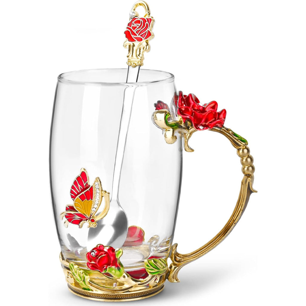 Kaffeebecher aus Glas mit Schmetterlingsmotiv und Blumenmuster