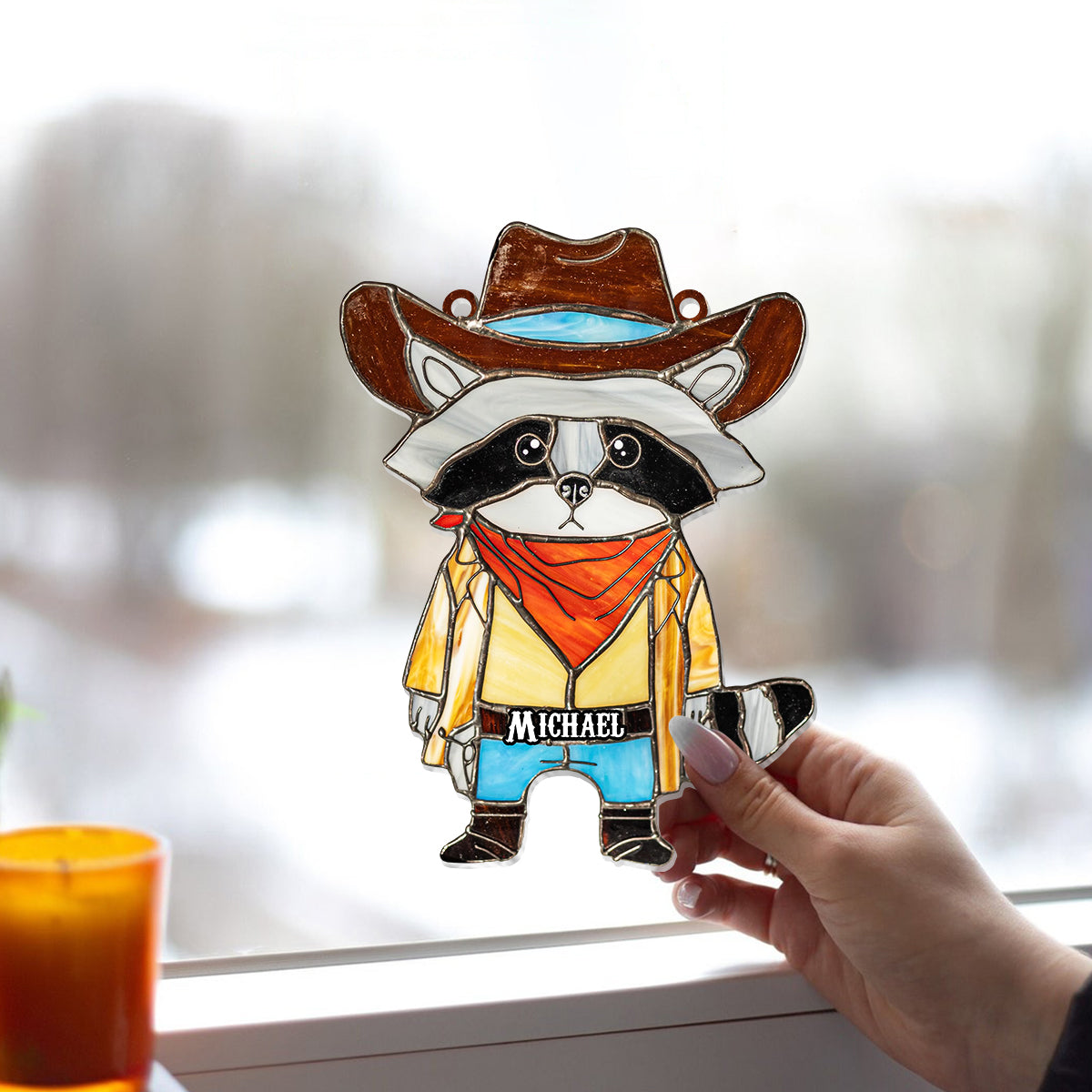 Waschbär-Buntglas-Anhänger – Personalisierter Waschbär-Fensterhänger als Sonnenfänger