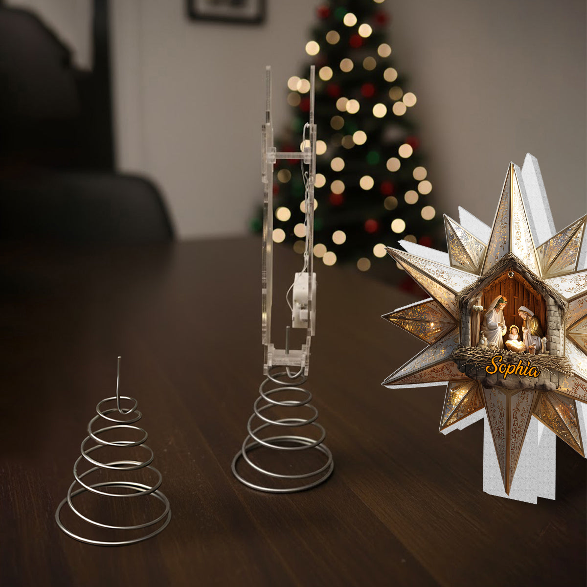 Stern von Bethlehem, Krippenszene - Personalisierte christliche LED-Lichterbaumspitze