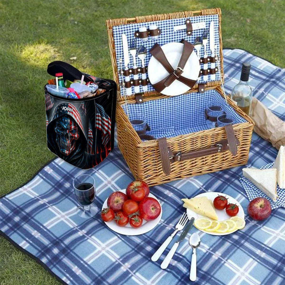 Patriotischer Totenkopf – Personalisierter tragbarer Totenkopf-Automülleimer/Organizer