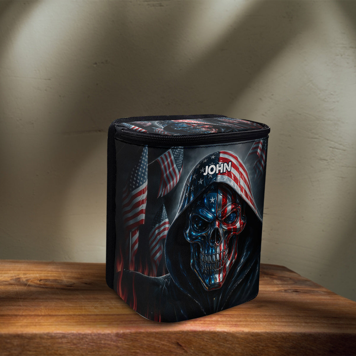 Patriotischer Totenkopf – Personalisierter tragbarer Totenkopf-Automülleimer/Organizer