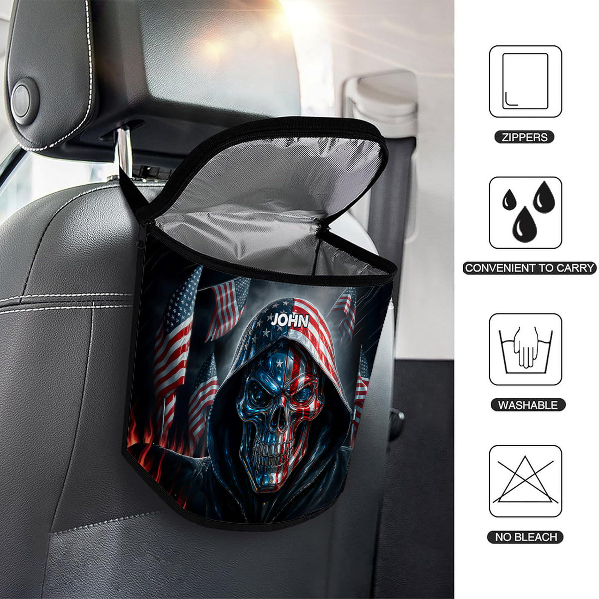 Patriotischer Totenkopf – Personalisierter tragbarer Totenkopf-Automülleimer/Organizer