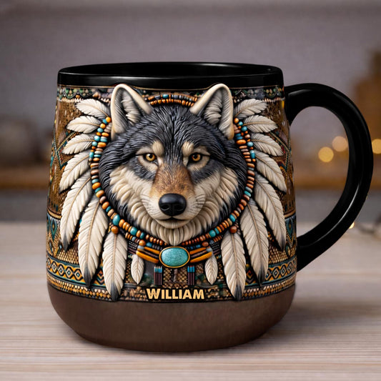 Personalisierter Becher mit Indianermotiv und Wolfsmotiv