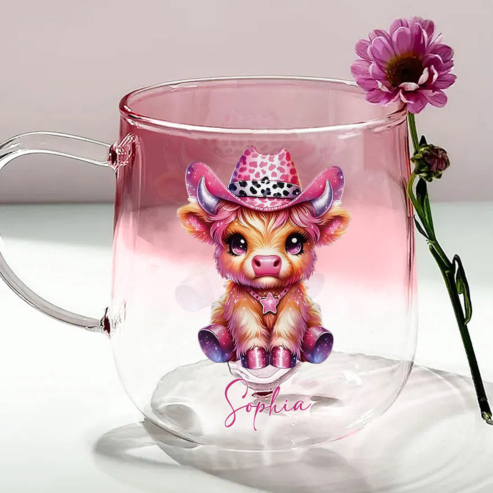 Niedliche Hochlandkuh – Personalisierter Glasbecher mit Farbverlauf und Hochlandkuh-Motiv