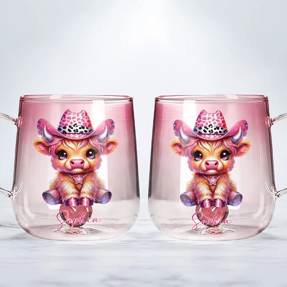 Niedliche Hochlandkuh – Personalisierter Glasbecher mit Farbverlauf und Hochlandkuh-Motiv