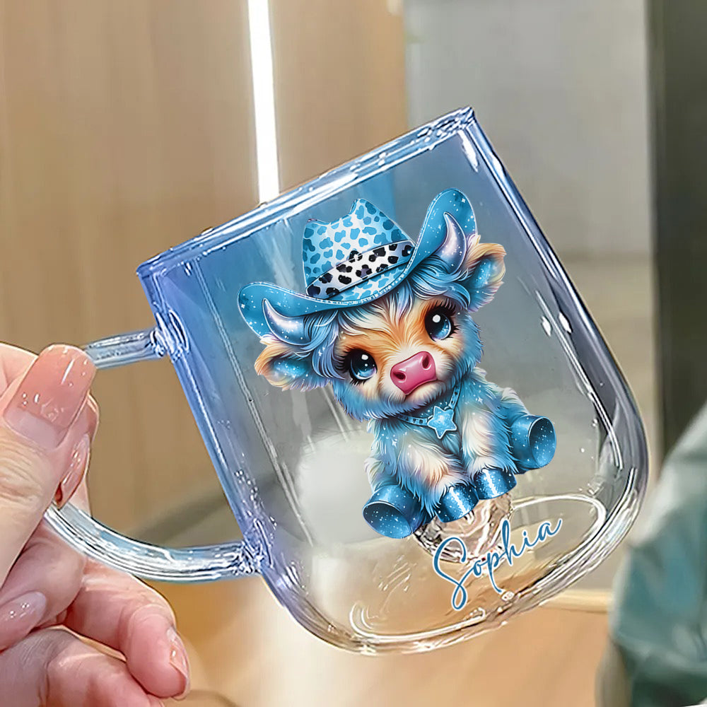 Niedliche Hochlandkuh – Personalisierter Glasbecher mit Farbverlauf und Hochlandkuh-Motiv