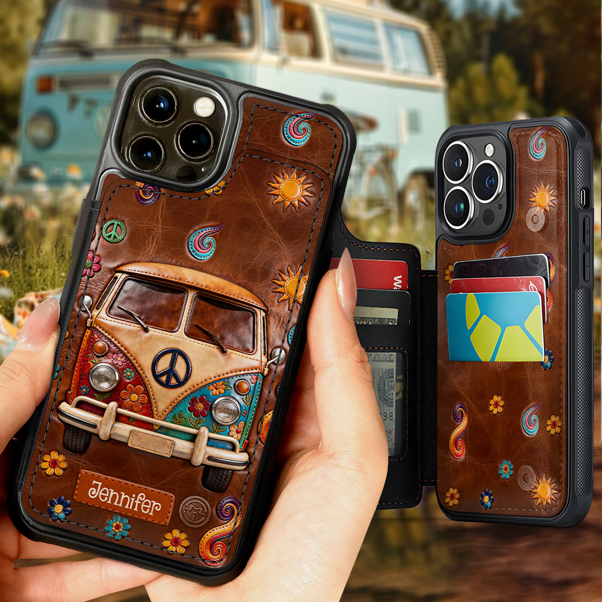 Hippie-Van mit Blumenmuster – Personalisierte Hippie-Handyhülle mit Volldruck