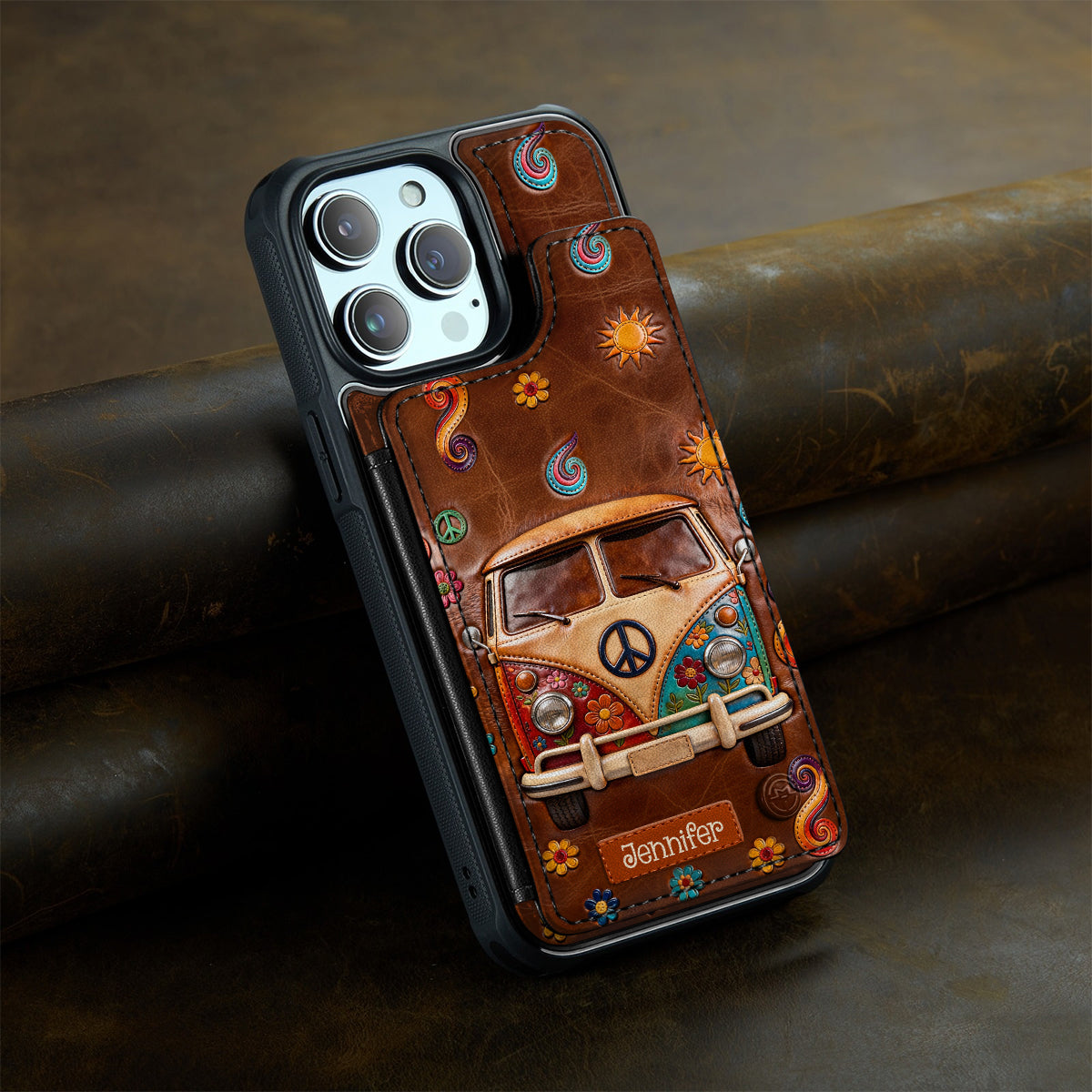 Hippie-Van mit Blumenmuster – Personalisierte Hippie-Handyhülle mit Volldruck