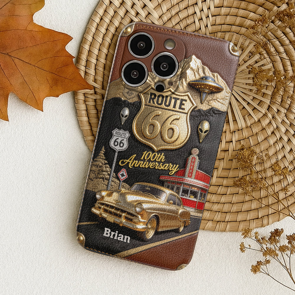 Route 66 100-jähriges Jubiläum – Personalisierte Handyhülle aus Leder für Autoliebhaber