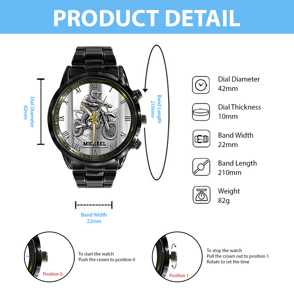 Metallische Dirtbike-/Motocross-Uhr – personalisierte Dirtbike-Handuhr