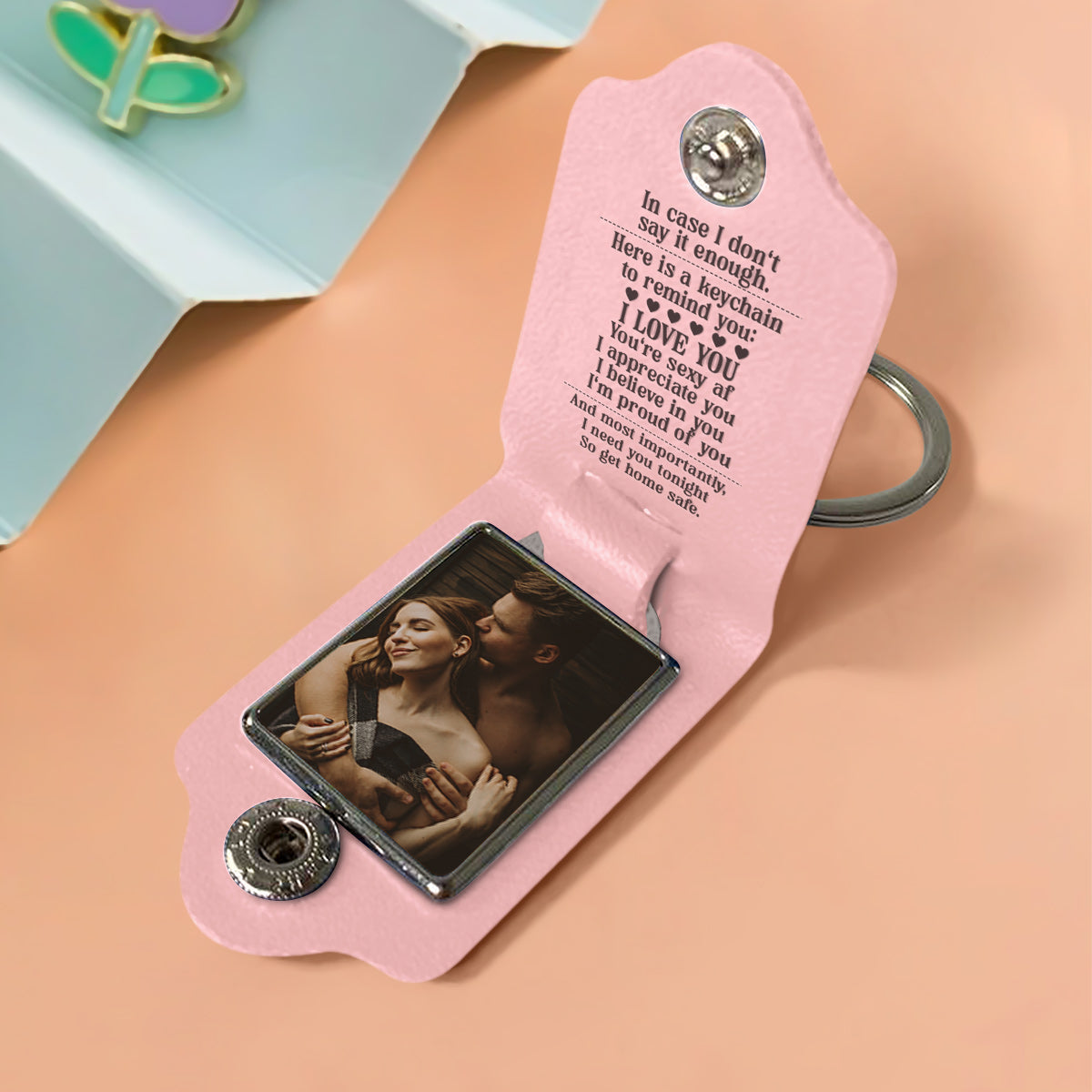 Here A Keychain To Remind I Love You - gift for husband, wife, boyfriend, girlfriend - Personalized Leather Photo Keychain