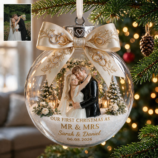 First Christmas Married - Personalized Couple Snow Globe Ornament With Bow