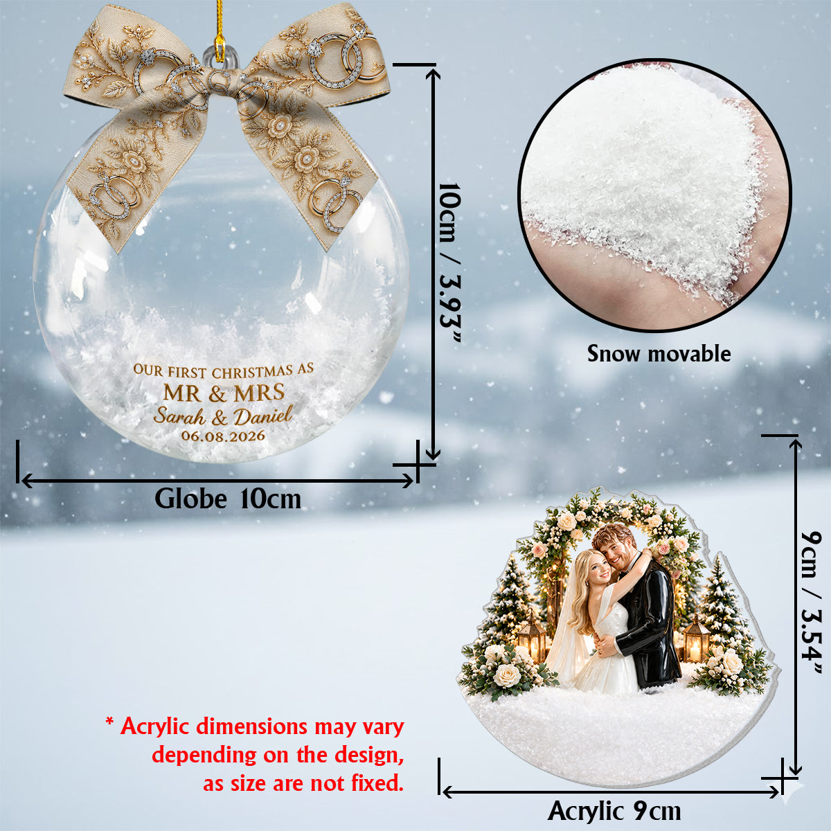 First Christmas Married - Personalized Couple Snow Globe Ornament With Bow